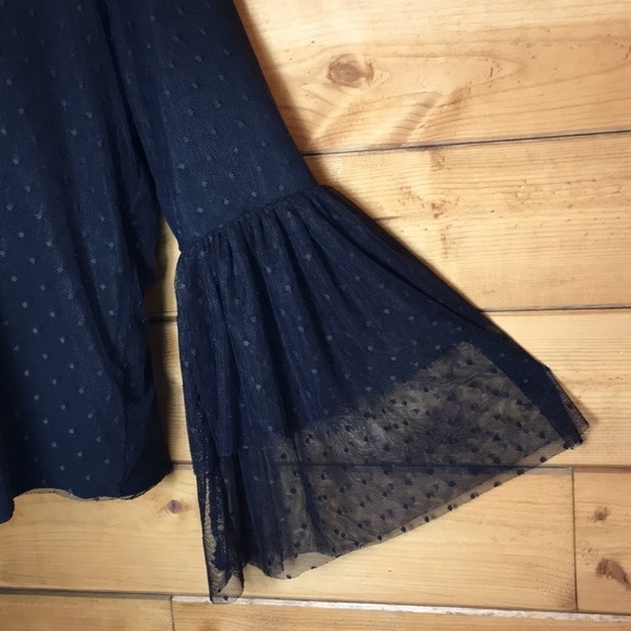 Pebble & Stone | Black Sheer Net Overlay Blouse Polka Dot Fluted Bell Sleeves M - Picture 3 of 6
